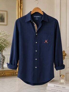 Ralph Lauren Navy Long-Sleeve Button-Down Oversize Shirt with Embroidered Crest